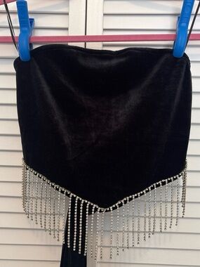 Black Velvet Strapless Top with Rhinestone Fringe